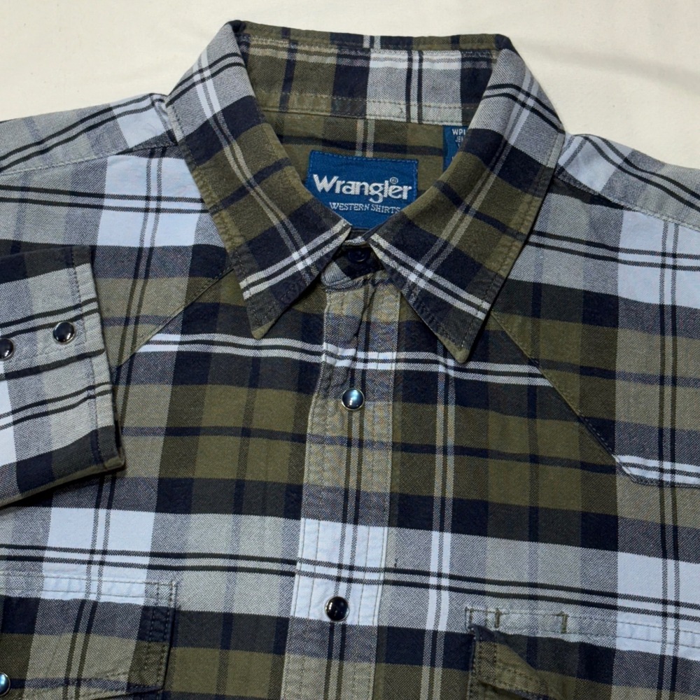 Wrangler Western Shirt Men L Olive Green Plaid Pearl Snap Cotton Cowboy Workwear